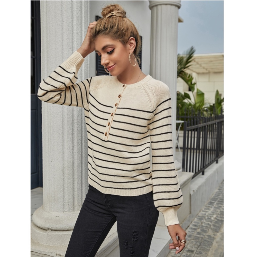 Striped Beige Henley Style Sweater - Picture 3 of 6
